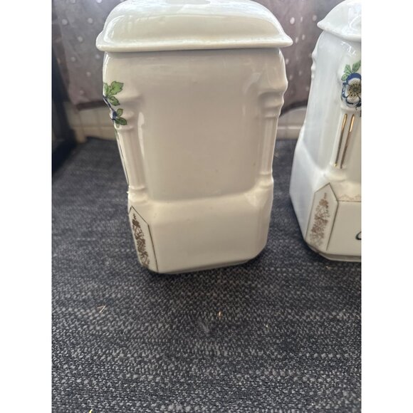Vintage Ceramic Rice & Sugar Kitchen Canisters With Floral Design & Lids - Picture 2 of 16